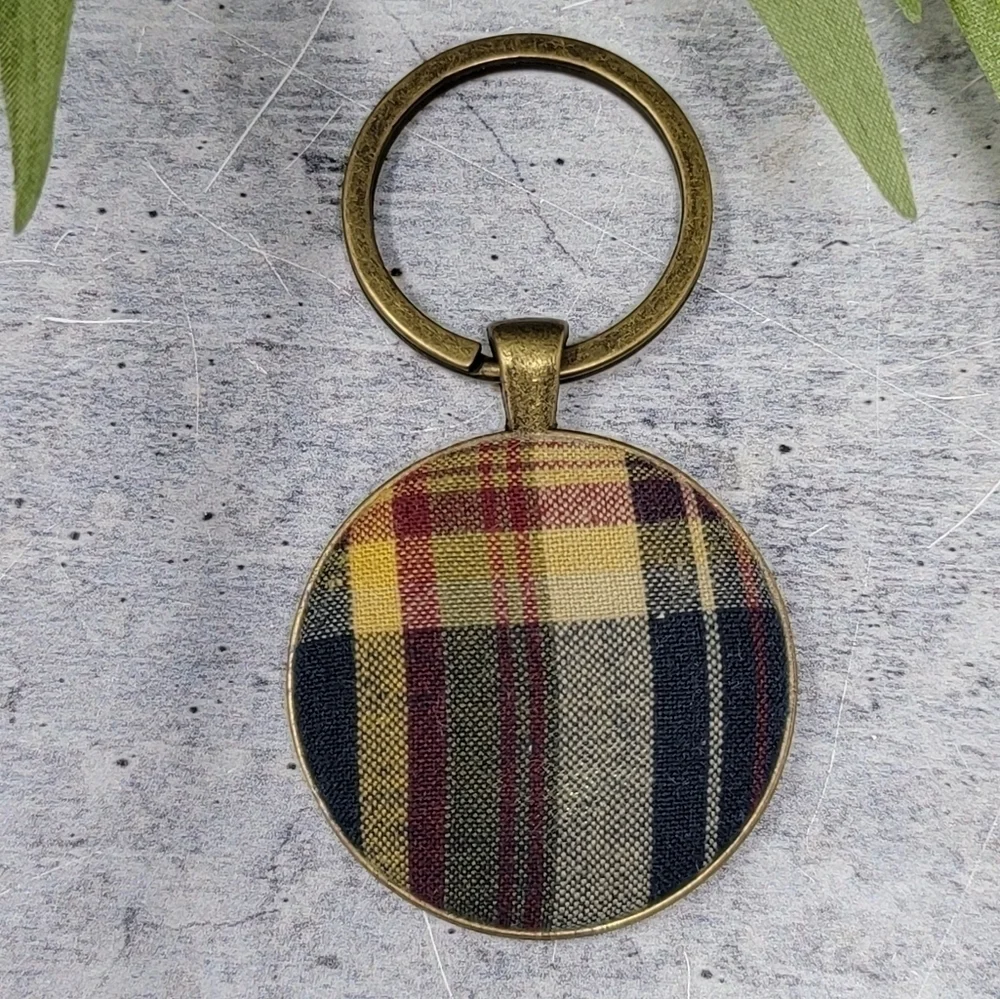 New Handmade | Yellow Maroon Navy Plaid Fabric Button Keychain